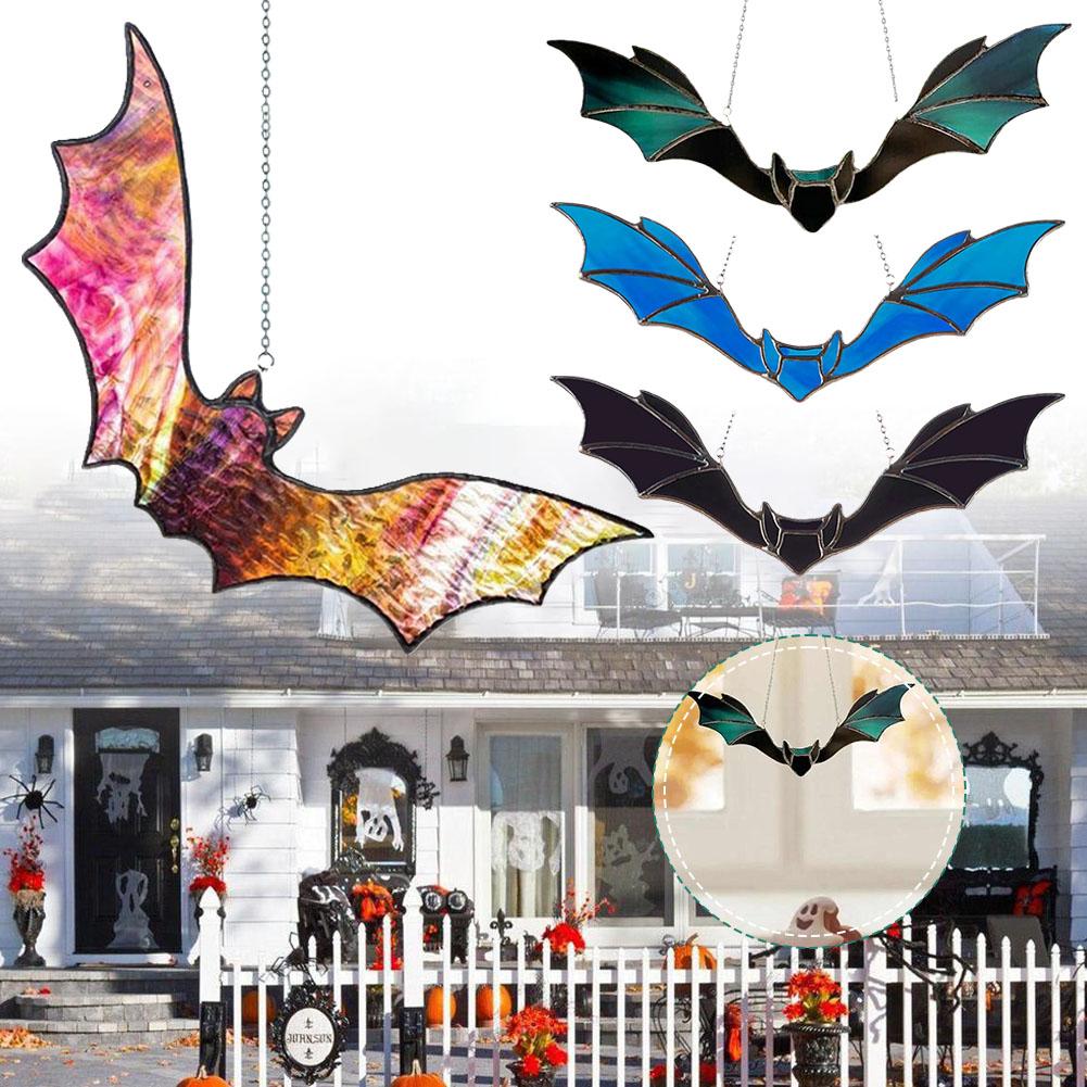 Halloween Bat Stained Glass Suncatcher Window Hanging Acrylic Wall Art Suncatcher Decor Household Halloween Bat Decoration
