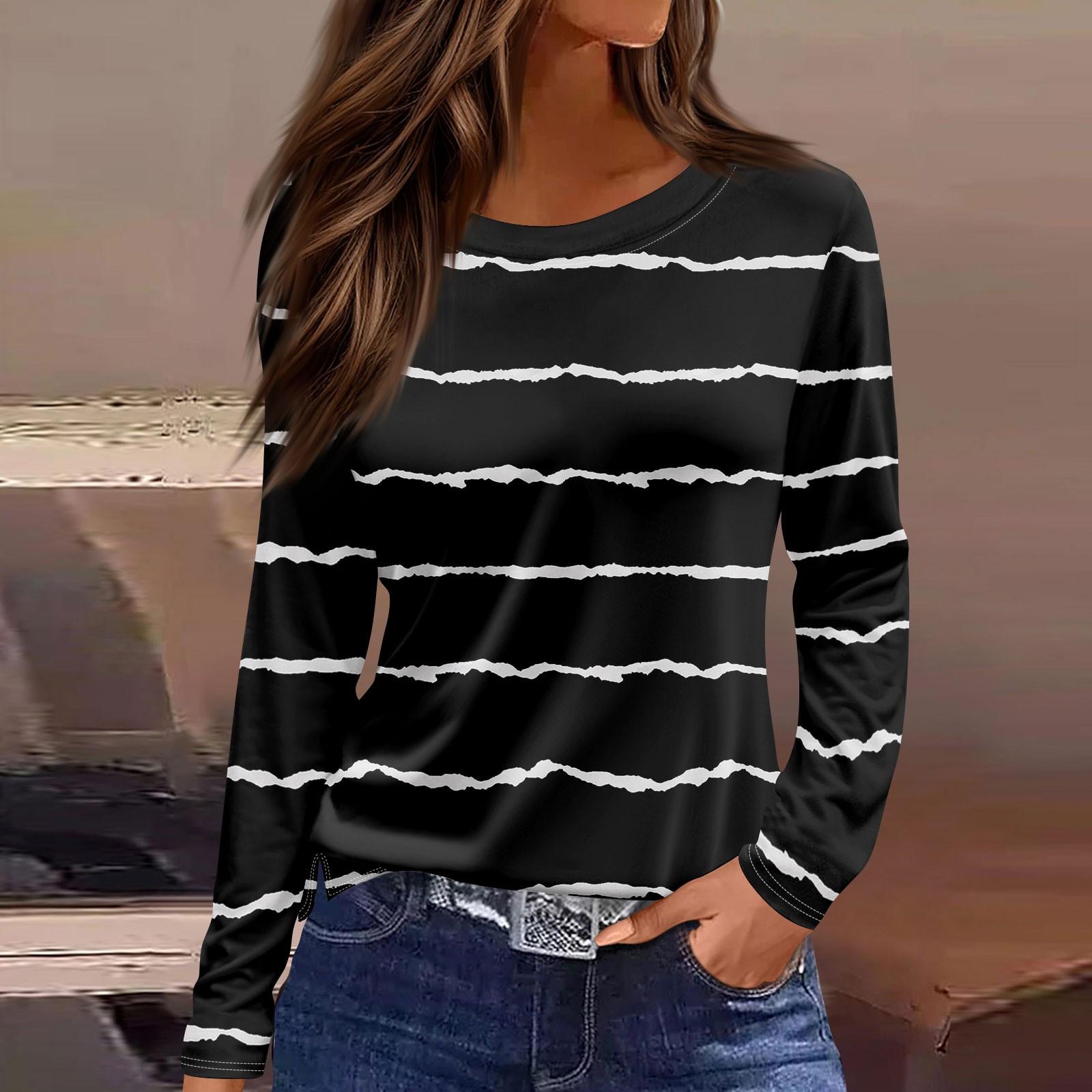 

Жіноча модна повсякденна футболка з розрізом і круглим вирізом з довгим рукавом і принтом. S чорний