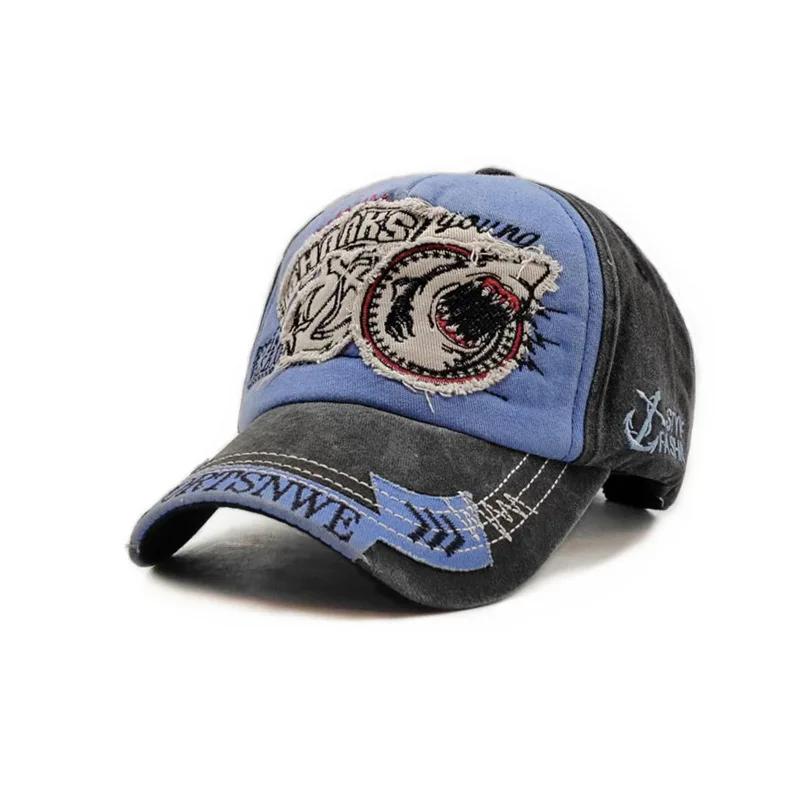 Zomer Letter Haai Pet voor Mannen, Gewassen Vintage Denim Geborduurde Baseballpet, Zonbescherming