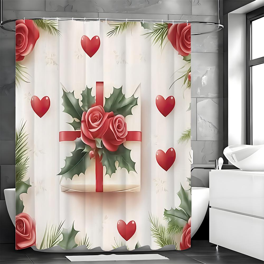 Valentinstag Rosen Geschenk Floral Liebe Duschvorhang, Badezimmer Dekorativer Duschvorhang, Wasserdichter Duschvorhang mit Haken