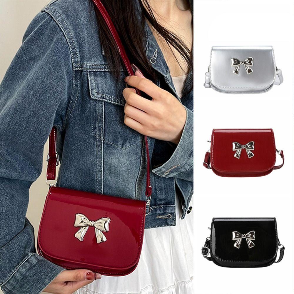 

Leather Bow Crossbody Bag Solid Color Y2k Small Handbag Trendy Bowknot Armpit Bag Women чёрный