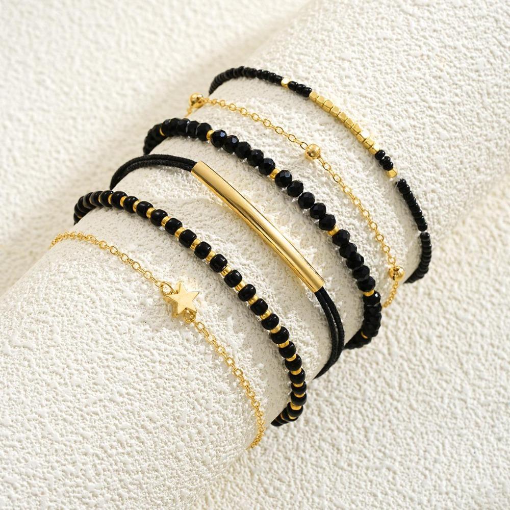 

6PCS Boho Beads Handmade Black Glass Stone Bracelets for Women Lady Jewelry Party Vacation Jewelry Accessories