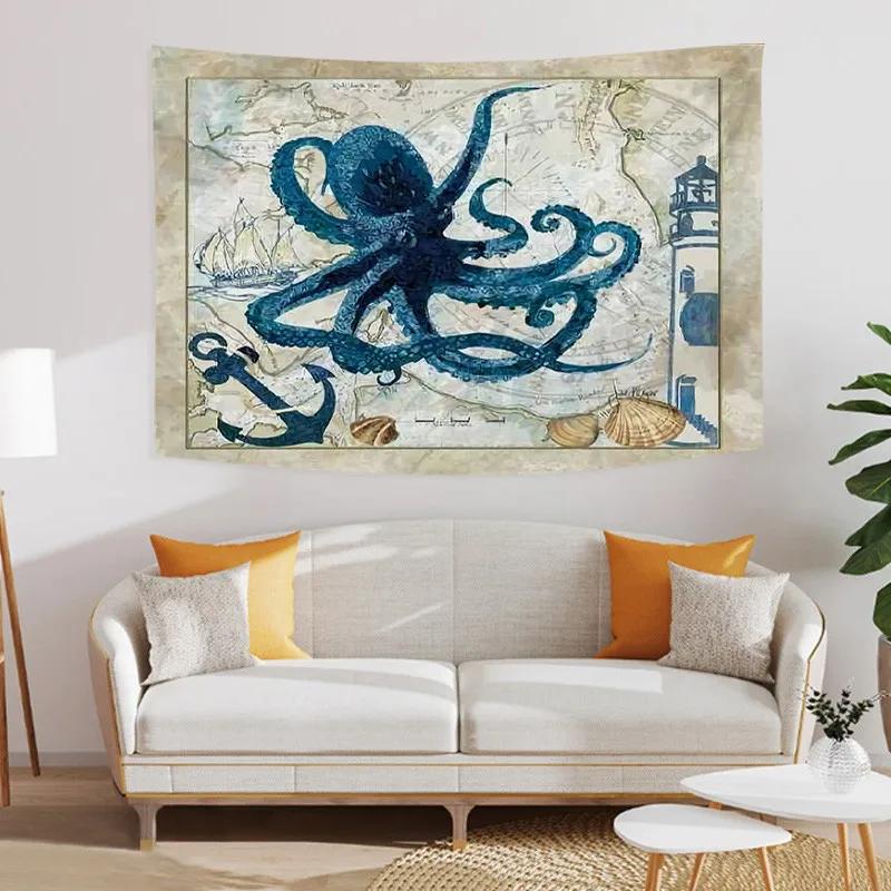 Undersea World Tapestry Blue Whale Octopus Seahorse Printed Pattern Tapestry Wall Hanging Tapestries for Bedroom Dorm Decor
