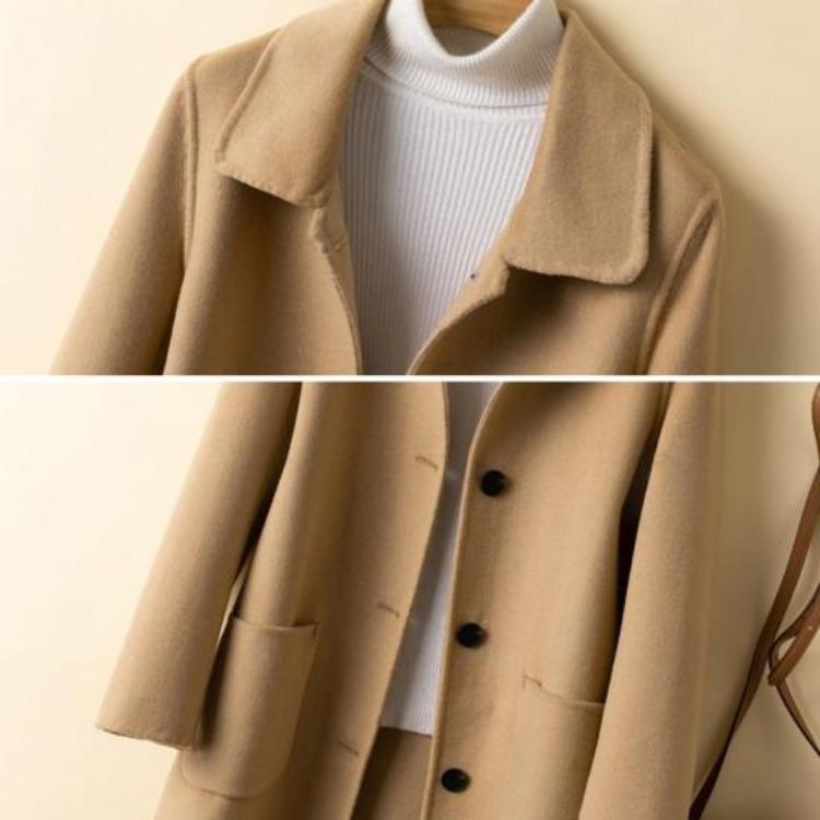 Women Single Breasted Pea Coat Mid Length Wool Blend Trench Coat Notch Lapel