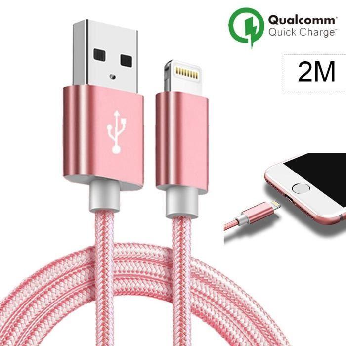 Câble USB - iPhone - 2M - Nylon - Rose - Compatible avec plusieurs modèles