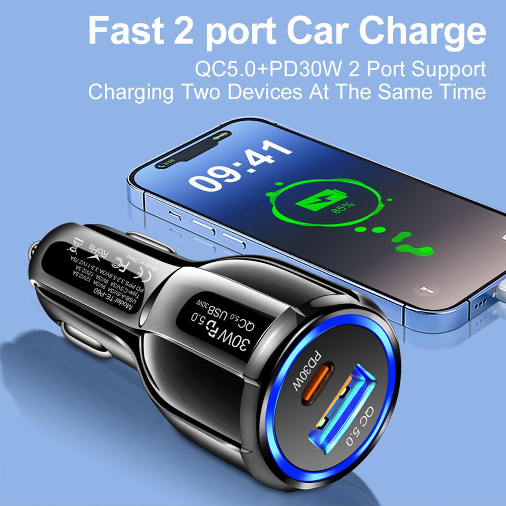 60W Dual Line QC5.0 USB+PD Fast Charging Mobile Car Charger Supports Ultra Fast Charging And Super Fast Charging