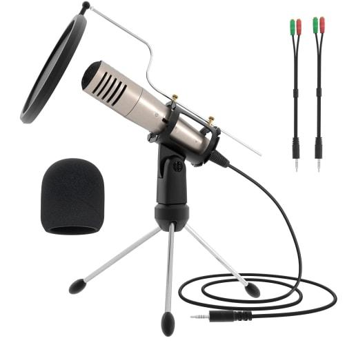 MSIZOY Smartphone Microphone, 3.5mm Condenser Microphone, Plug and Play, with Tripod Stand and Pop Filter, Tabletop Microphone, Compatible with Window