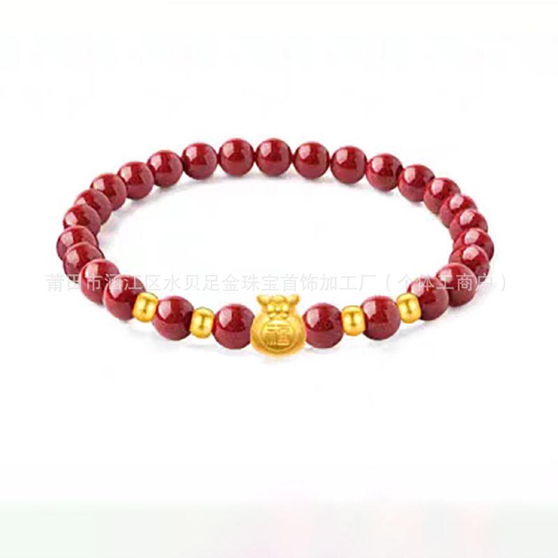 Gold Cinnabar Pixiu Bracelet with Lucky Beads and Curved Tube for Women – 999 Pure Gold DIY Gift