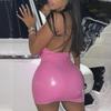 Summer Candy Color Faux Leather Halter Mini Dress: Sexy Backless Bodycon