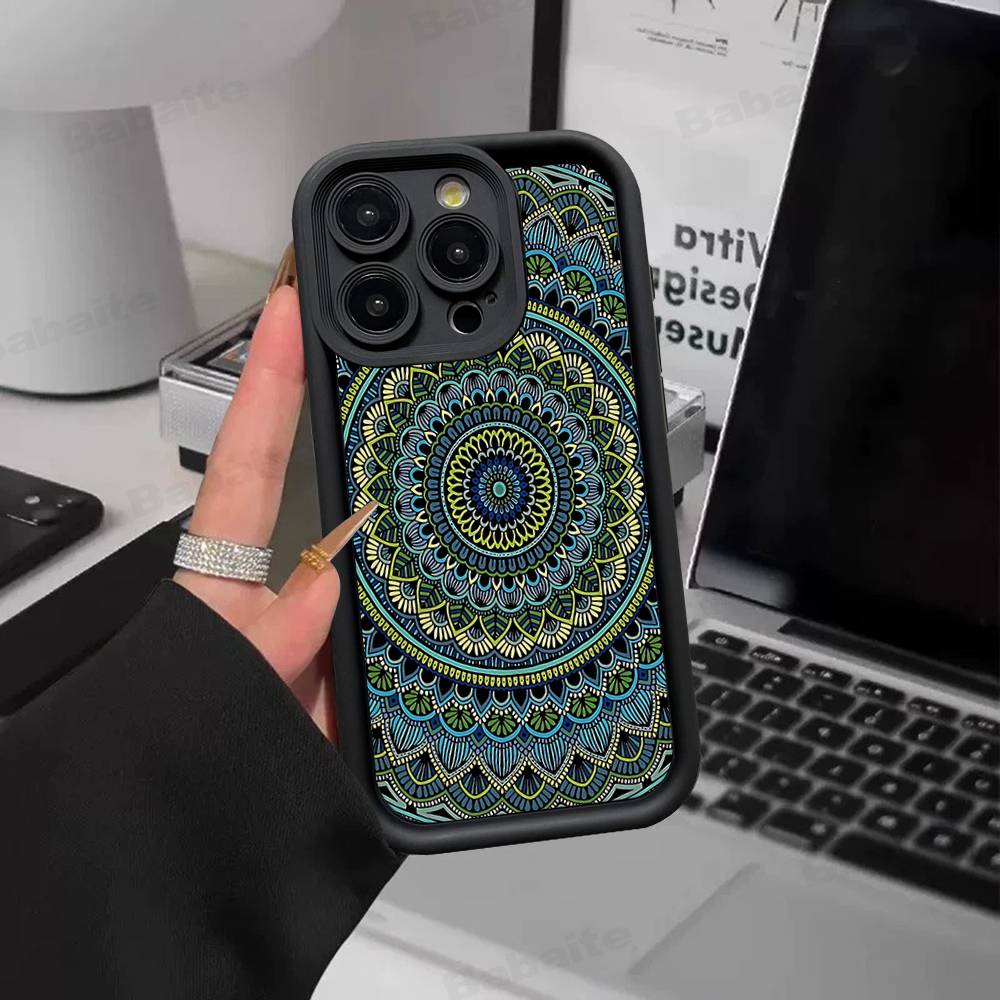 

Indian Pattern Mandala Silicone Soft Phone Case For IPhone 17 16 15 14 Plus 13 12 Mini 11 Black Cover iPhone 13