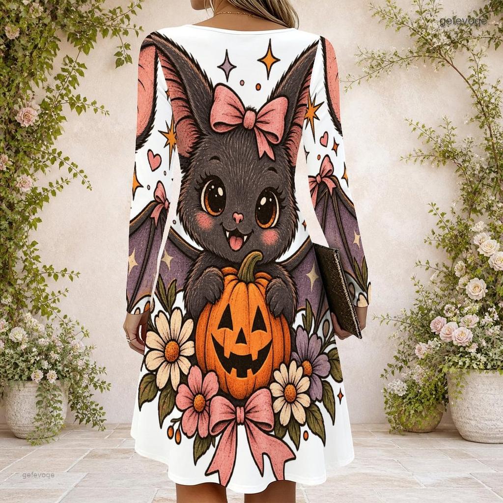 Women White Criss Cross V Neck Long Sleeve Curved Hem Printed Dress Cute Panda Ghost Halloween Pattern