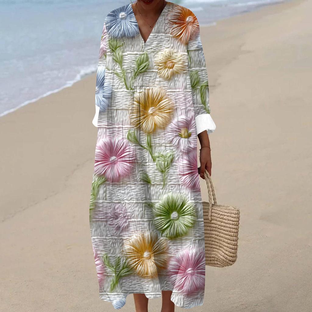 Women's Casual Fashion V-Neck Long Sleeve Textured Print Maxi Dress