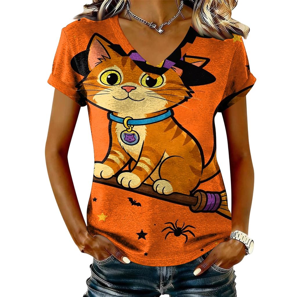 Women's V-Neck Short Sleeve T-Shirt Casual Pullover with Halloween Print Top