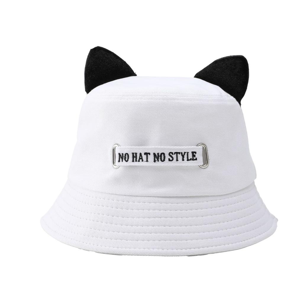 Cat ears white bucket hat men and women summer streamer letter washbasin hat plain sun hat