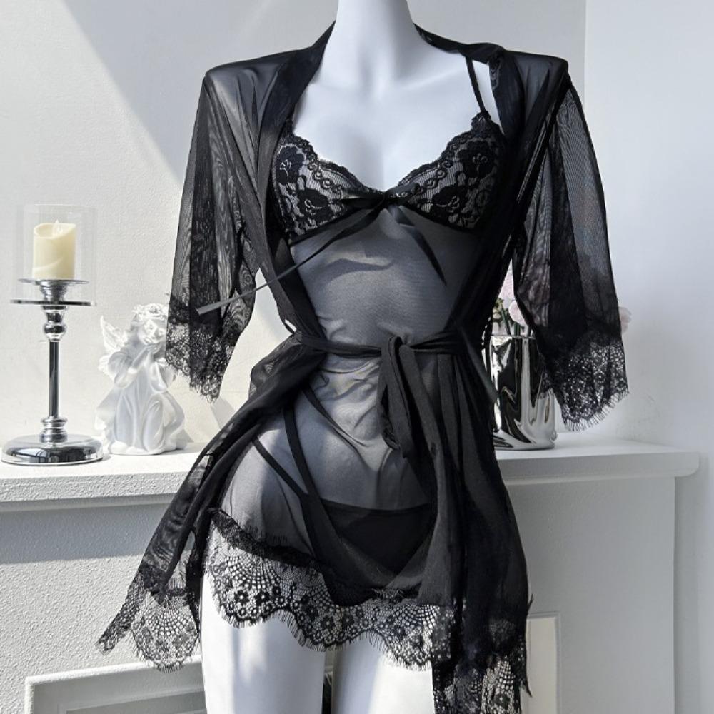 Backless Lace Suspender Nightdress Transparent Sleepwear Robe Set Sweet Mesh Sling Nightgown Gift