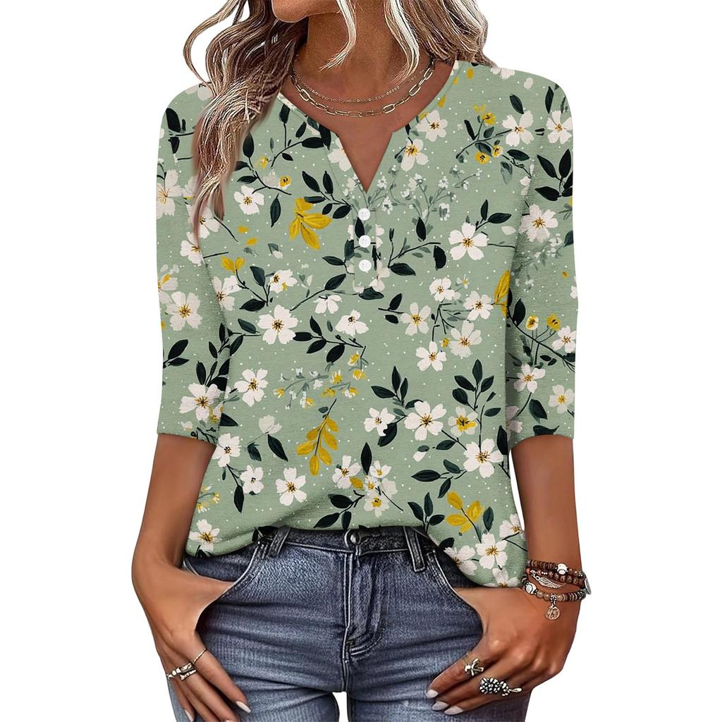 Women’s Casual Retro Floral Print V Neck Decorative Button Three Quarter Sleeve T Shirt Top for Daily Wear