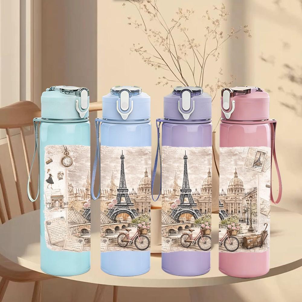 1PC Eiffel Tower Paris Retro Print 750ml Color Plastic Sports Water Bottle Leakproof Flip Straw Lid Suitable for Sports Office Home Use
