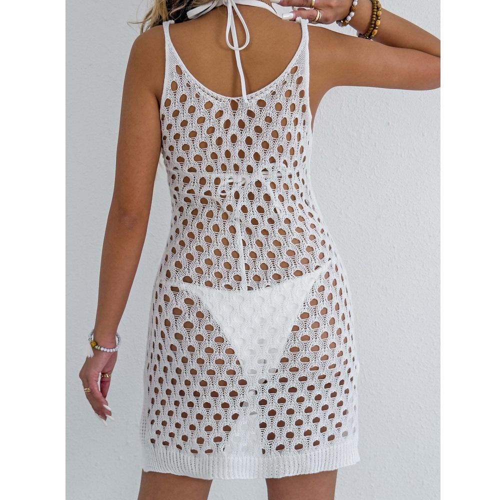 Women Summer Vest Dresses Hand Hook Flower Stiching Knitted Hollow Out Beach Bikini Cover Ups Halter Dress