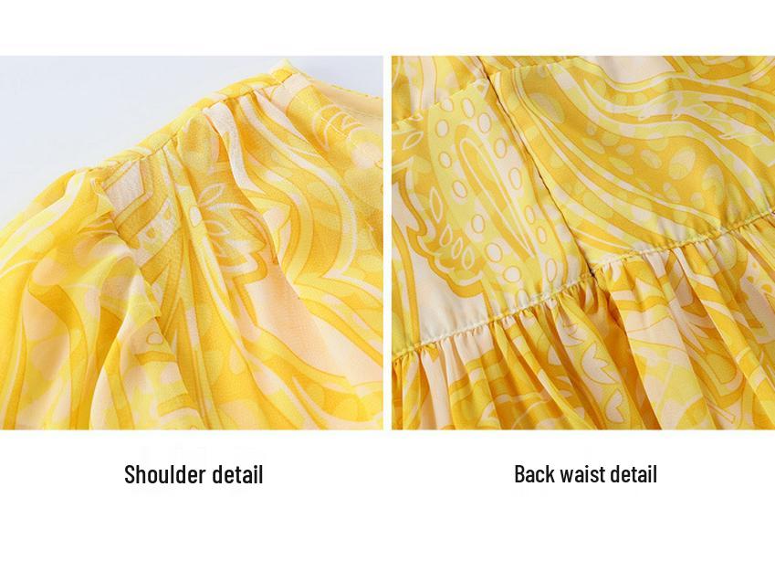 V-Neck Yellow Floral Tencel Chiffon Dress for Beach Vacation