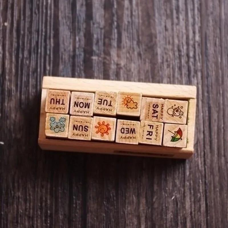 12pcs/Set Vintage Weather Diary Stamps DIY Wooden Assorted Stamps for Scrapbooking Stationery School Supplies