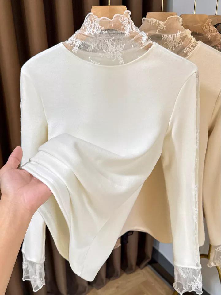 Women's Slim-Fit Brushed Lace Turtleneck Base Layer - Warm Autumn/Winter Inner Shirt
