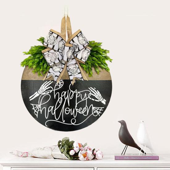 Halloween Skeleton Welcome Door Sign Artificial Leaves Bowknot Decor Indoor Outdoor Halloween Sign Family Gathering Decoration