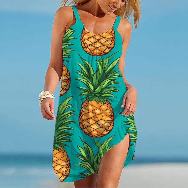 Rochie cu bretele nouă de vară pentru doamne cu imprimeu 3D ananas Rochie camisolă pentru doamne Rochie cu bretele casual la modă pentru doamne