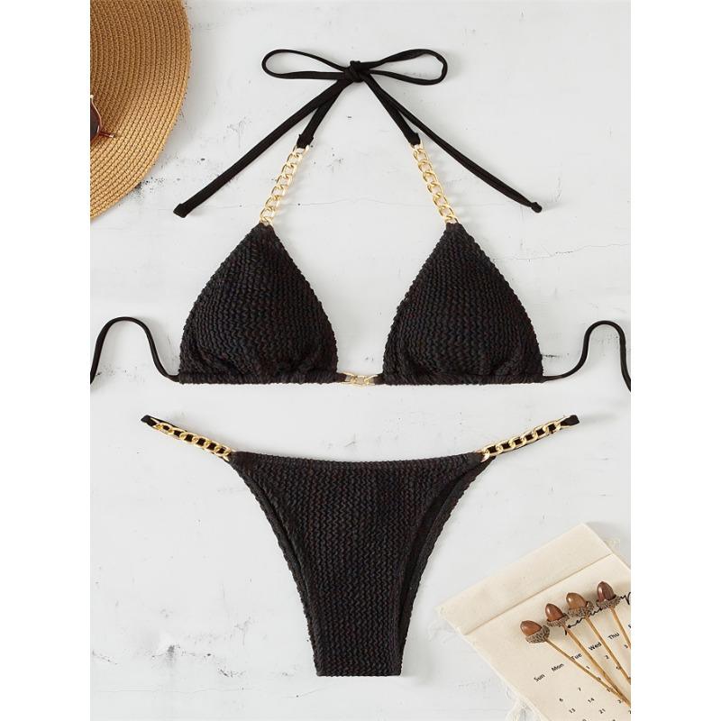 Women Sexy Solid Color Pleated Fabric Backless Two Piece Bikini Swimwear Set