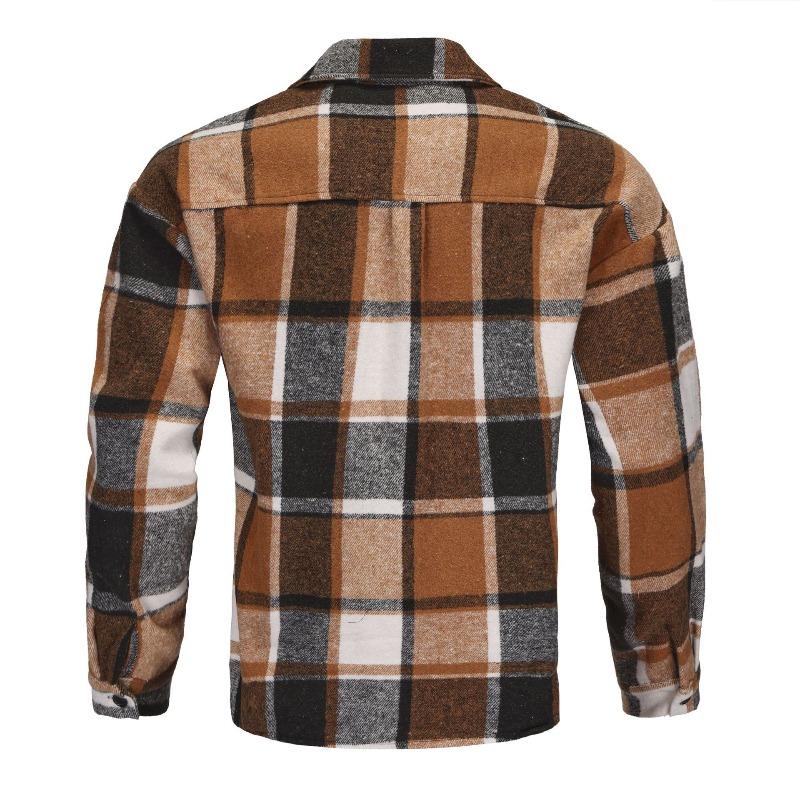 Men's Lapel Checkered Shirt Retro Brushed Casual Long-sleeved Jacket