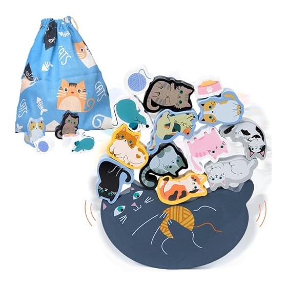 Shinse Balance Game Building Blocks, Cute Cat, Storage Bag Included, 14 Piece Blocks, Wooden Toy, Montessori Blocks, Educational Toy, Concentration,