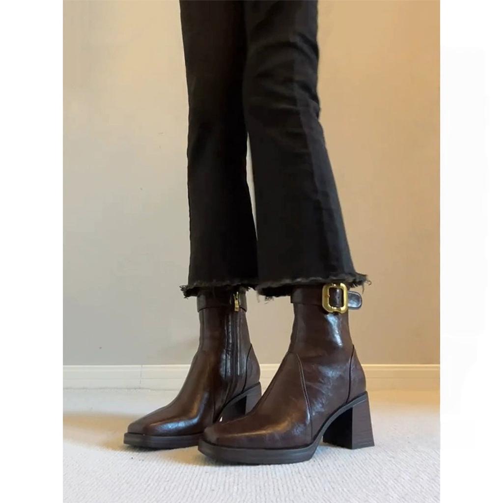 Retro square head thick heel thin boots woautumn winter belt buckle versatile British style high heel short boots