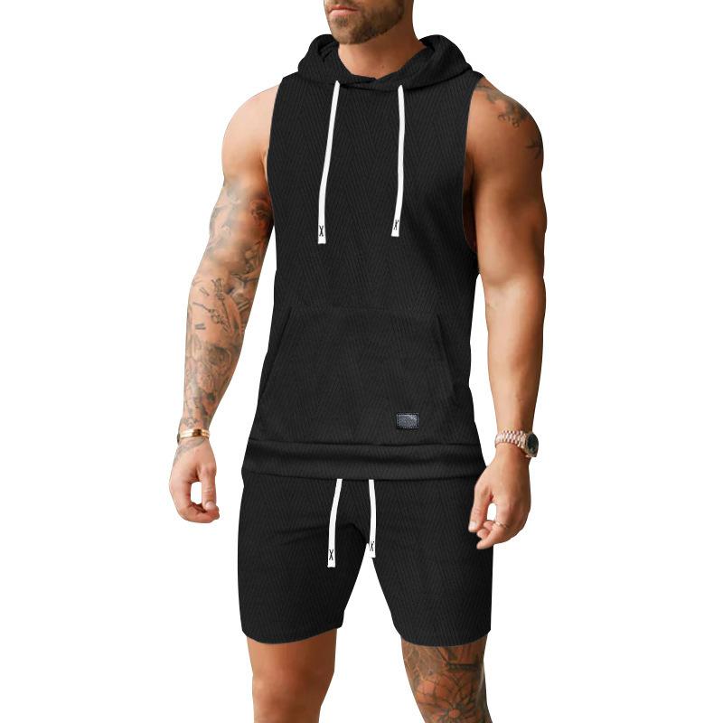 Mens Sleeveless Hoodie Shorts Set Casual 2 Piece Outfit