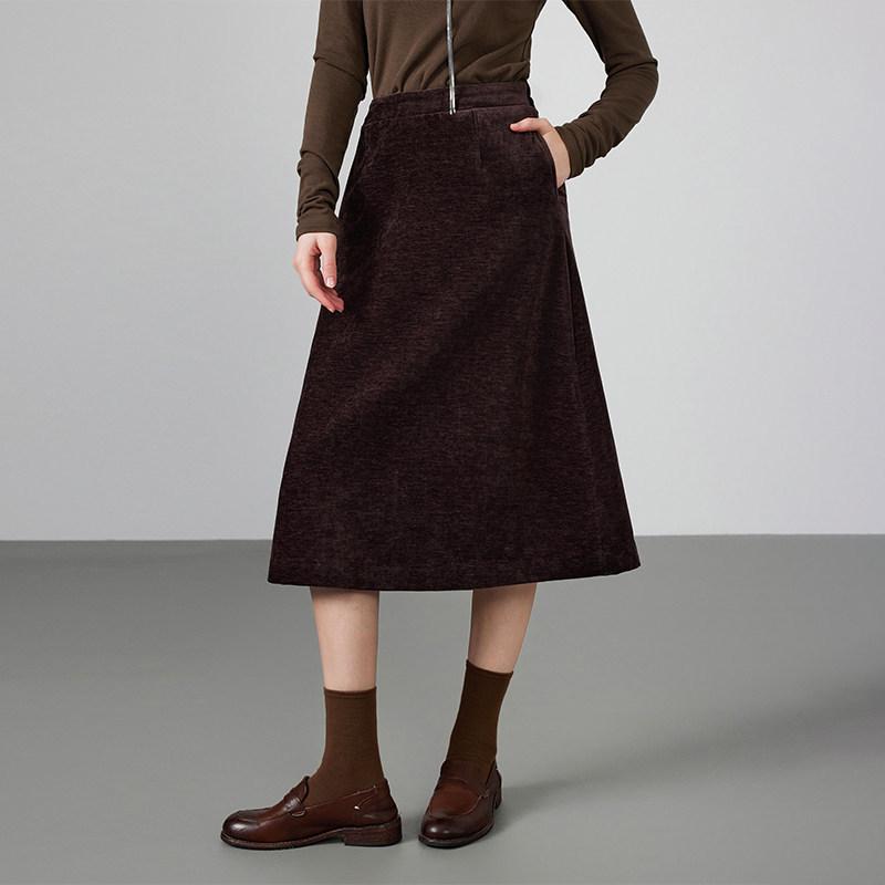 Elegant Wine Red Velvet A-line Midi Skirt for Women - 2026 Early Spring Collection M