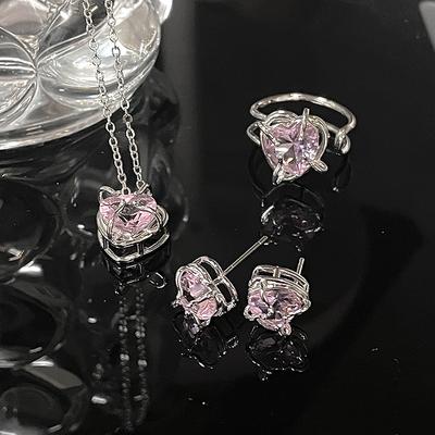 Niche Design Simple Pink Diamond Zircon Sweet Girl Set High-End Necklace Open Ring Love Stud Earrings Women