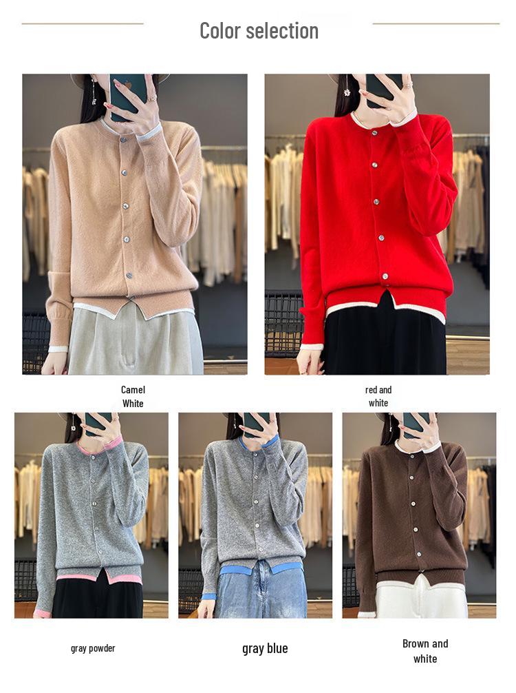 Women's Color Block Wool Cardigan - Round Neck, Loose Fit, Fake Two-Piece Knit Sweater for Spring & Autumn 2024