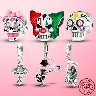 Halloween Skeleton Charms 925 Sterling Silver Clown Skull Charm Beads Fit Original Fashion Bracelet 925 Silver Jewelry Making