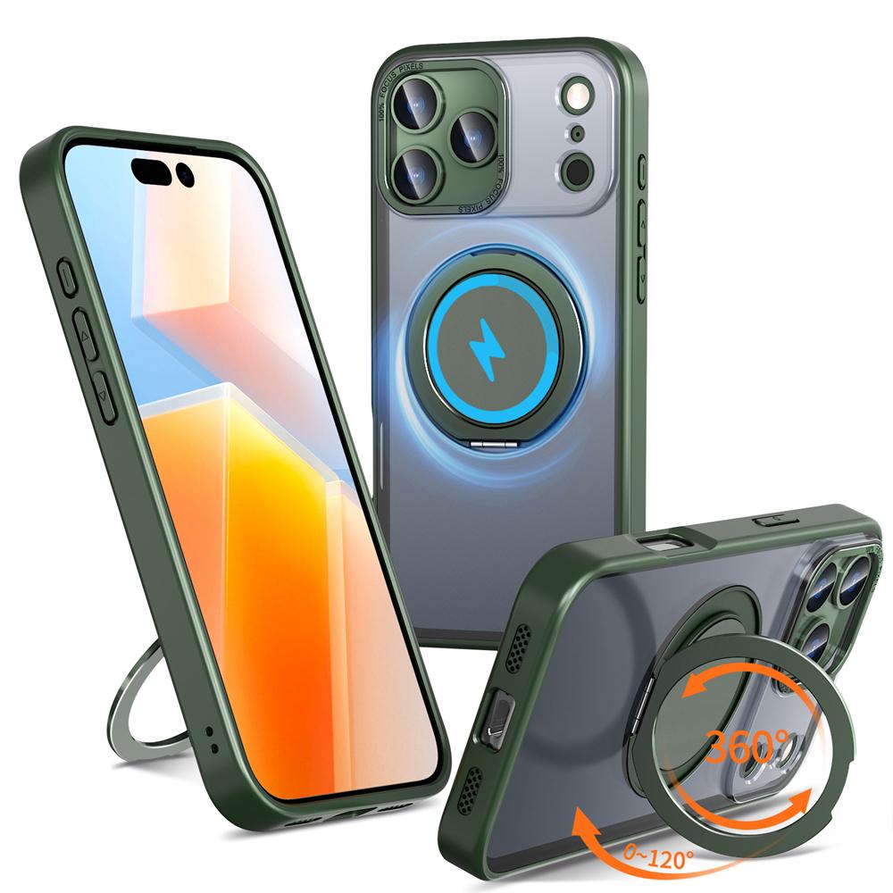 KEYSION Shockproof Matte Transparent Case for MagSafe for iPhone 17 Pro Max 360° Rotating Magnetic Ring Stand Phone Back Cover