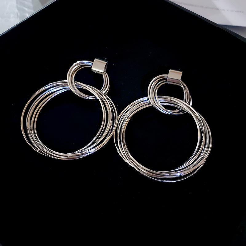 Silver Needle Geometric Openwork Round Pendant Earrings with European and American Exaggerated Style for Women.