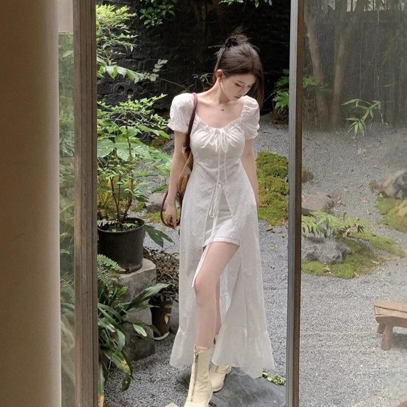 Ballet square neck strap white dress women's summer bubble sleeves ruffle edge long dress short sleeves high-end skirt