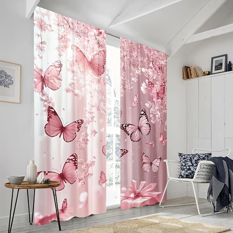 2PCS Digital Printed Curtains, Sakura Cherry Blossom Butterfly Pattern, Japanese Dreamy Soft Style for Bedroom Home Decor