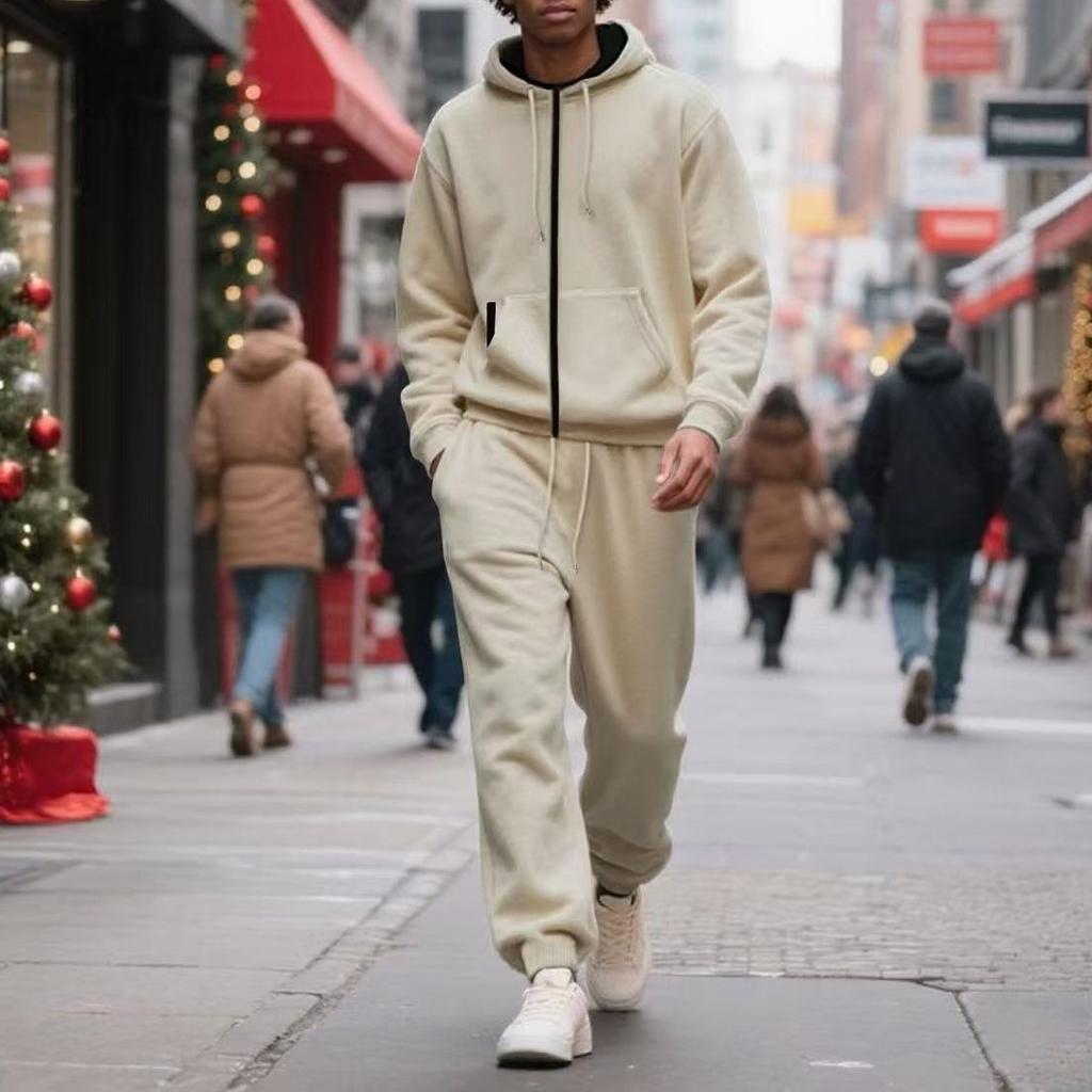 Fleece-lined Hooded Men's Tracksuits, Zipper Drawstring Women's Sports Suit, Solid Color Sporty Two-piece Set