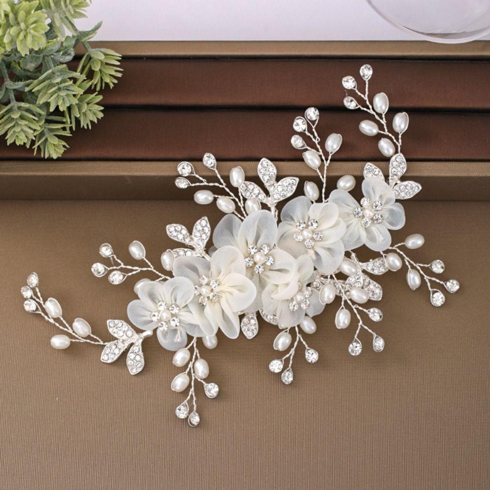 White Silk Flower Women Hair Pins Pearl Crystal Bride Tiara  Hair Accessories Jewelry