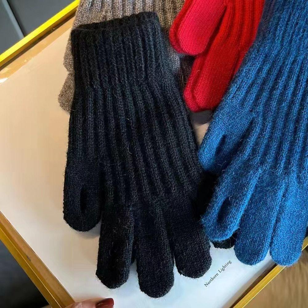 Windproof Full Finger Gloves Solid Color Cycling Mittens Winter Women's Knitted Gloves