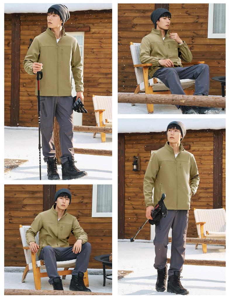 KEFITEVD Men's Softshell Jacket, Winter, Outdoor, Mountaineering, Cold Weather, Windproof, Fleece-Lined, Warm, High-Neck, Windbreaker, Khaki, Size XL