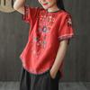 Woman Linen Embroidered T-shirt Summer Retro Loose Pullover