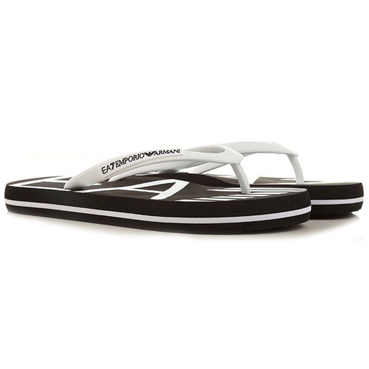 Emporio Armani Flat H-Shape Round Toe Rubber Flip Flops Unisex Footwear Black White XCQ004XK196A120