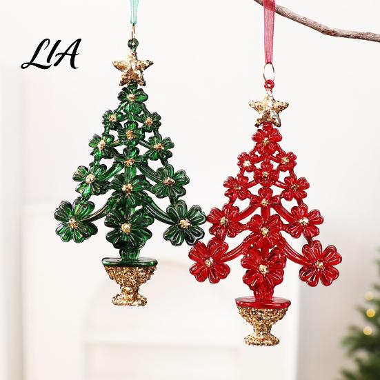 Acrylic Flower Tree Figurines Christmas Ornament with Lanyard, Xmas Shaped Gift for Friends Family Decorative Hanging Pendant Holiday Tree,