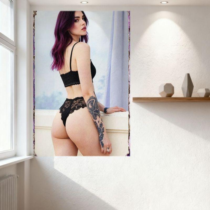 Sexy Purple Hair Woman Lingerie Tattoo Tin Sign Vintage Metal Poster for Home Decor, 8x12 Inch Wall Art with Sheer Curtains & Te