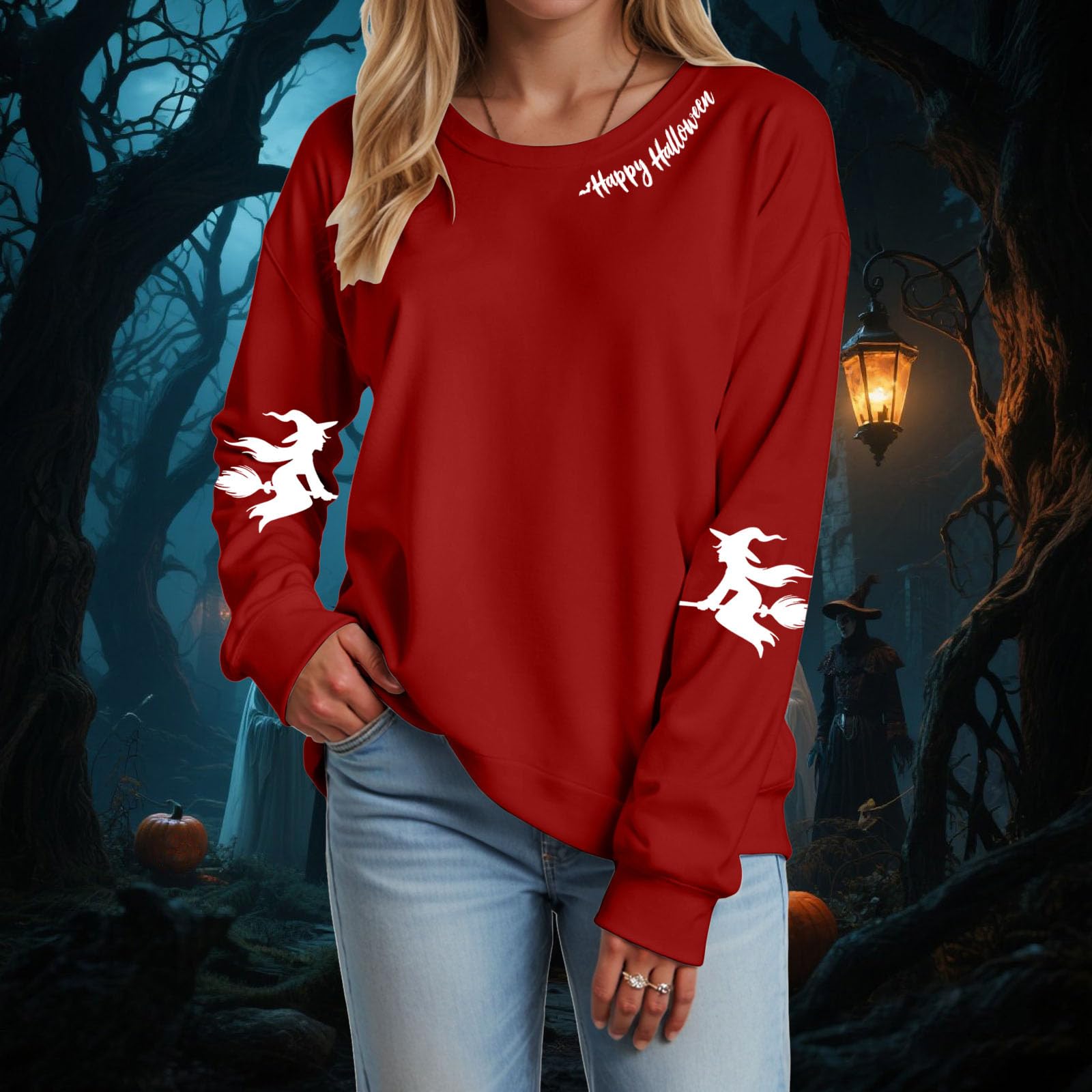 

Women s Fashion Casual Round Neck Long Sleeve Print T-shirt Top(Happy Halloween) XXXL