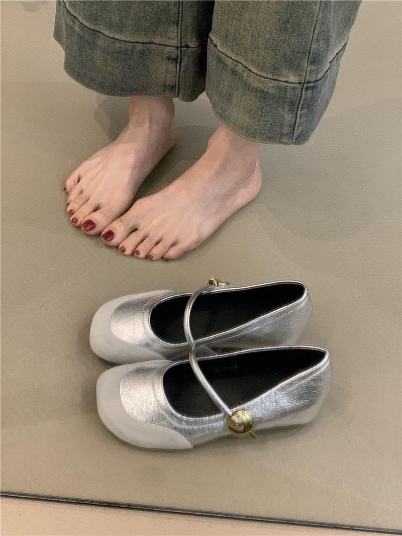 

Gentle shoes one-word with splicing round head inner height increase Mary Jane ballet shoes single shoes 40 серебряный